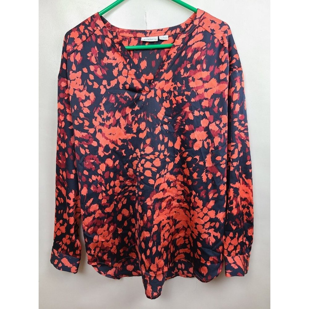 Liz Claiborne Womens Blouse Large Orange Black Printed Long Sleeve Popover Top